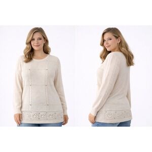 Essential Elements Womens Sweater Medium Cream Lambswool‎ Beaded Classic
